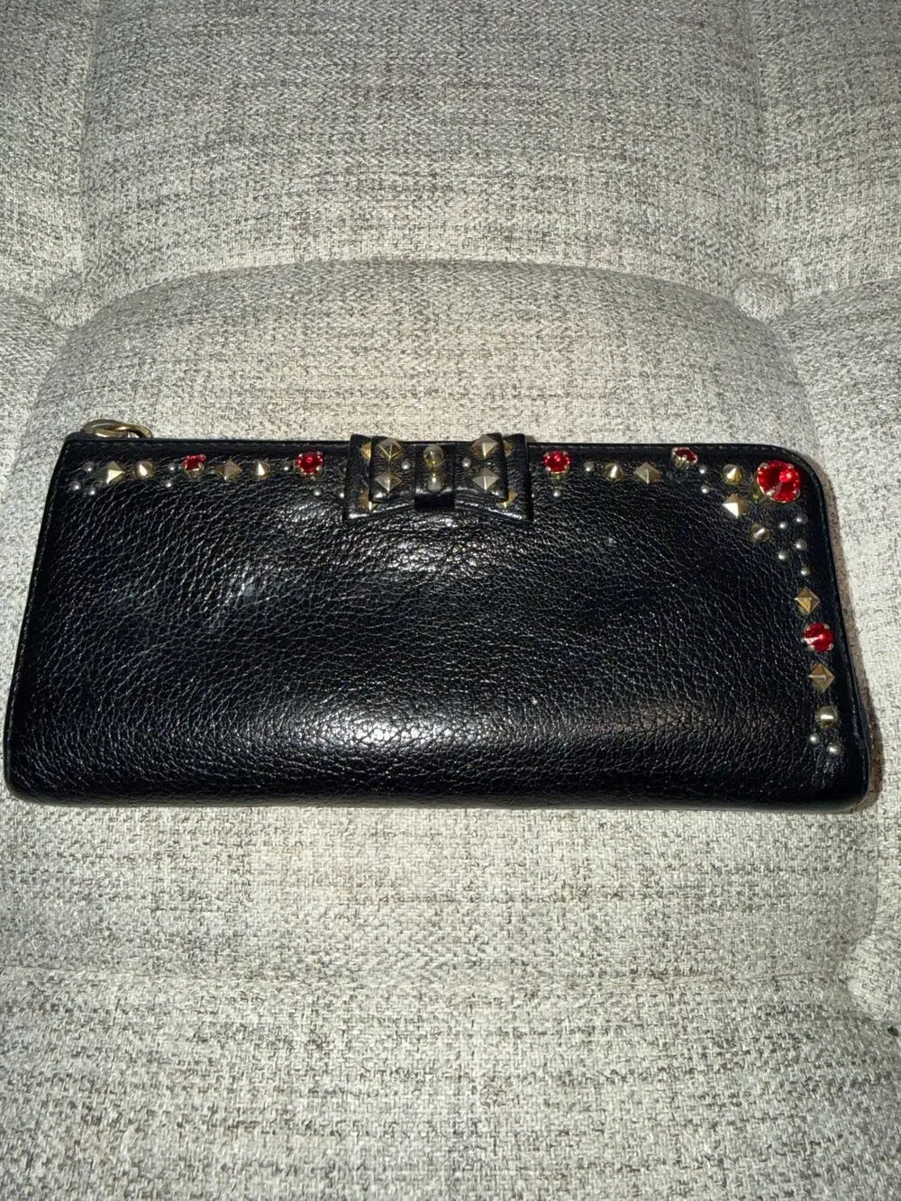 Miu Miu Black Leather Studded Bow Zip Wallet – Red Jewels, Gold Hardware, Italy